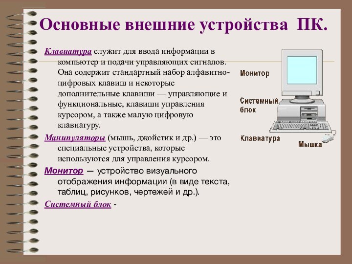 Основные внешние устройства ПК. Клавиатура служит для ввода информации в компьютер и