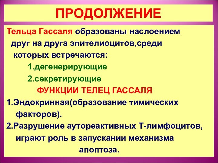 ПРОДОЛЖЕНИЕТельца Гассаля образованы наслоением друг на друга эпителиоцитов,среди  которых встречаются: