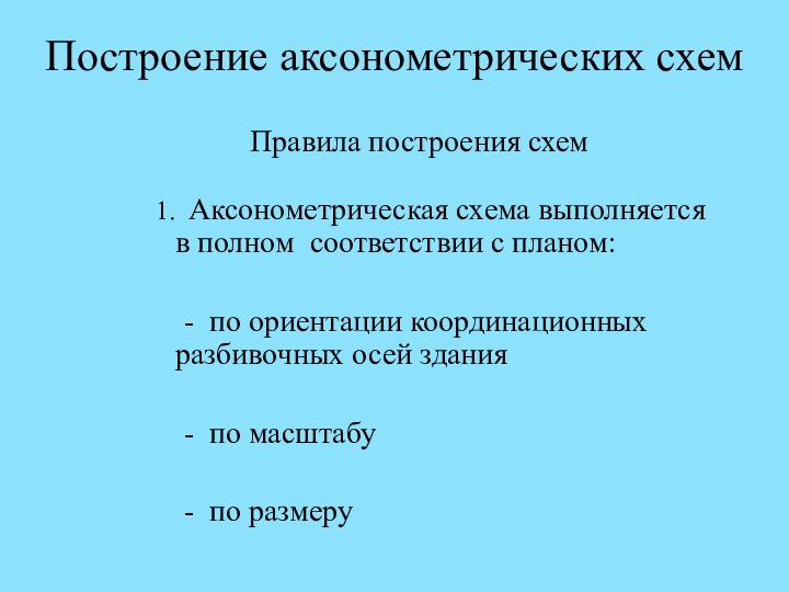 Построение аксонометрических схемПравила построения схем   1. Аксонометрическая схема выполняется в