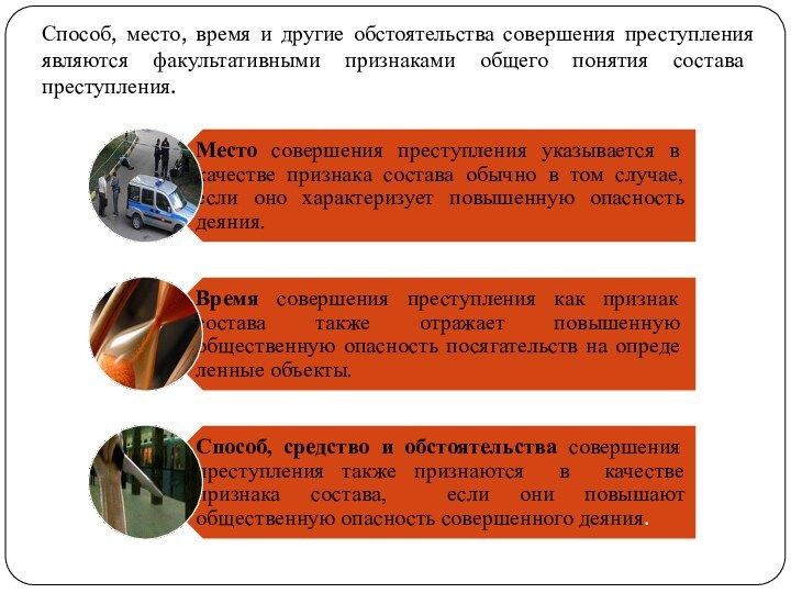 Способ, место, время и другие обстоятельства совершения преступления являются факультативными признаками общего понятия состава преступления.