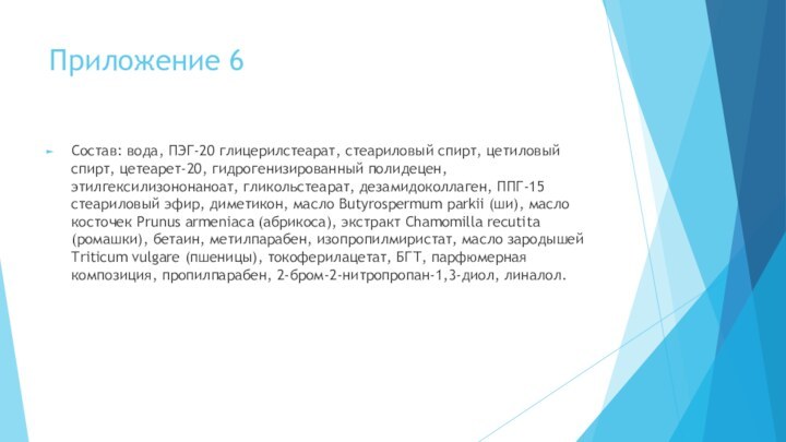 Приложение 6Состав: вода, ПЭГ-20 глицерилстеарат, стеариловый спирт, цетиловый спирт, цетеарет-20, гидрогенизированный полидецен, этилгексилизононаноат,