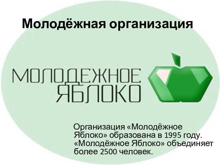 Молодёжная организация  Организация «Молодёжное Яблоко» образована в 1995 году. «Молодёжное Яблоко» объединяет более 2500 человек.