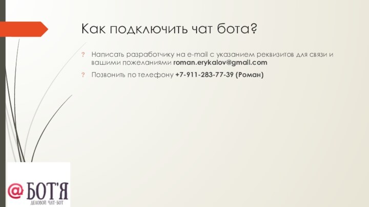 Как подключить чат бота?Написать разработчику на e-mail с указанием реквизитов для связи