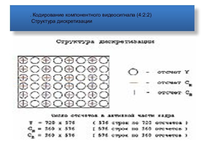 . Кодирование компонентного видеосигнала (4:2:2) Структура дискретизации