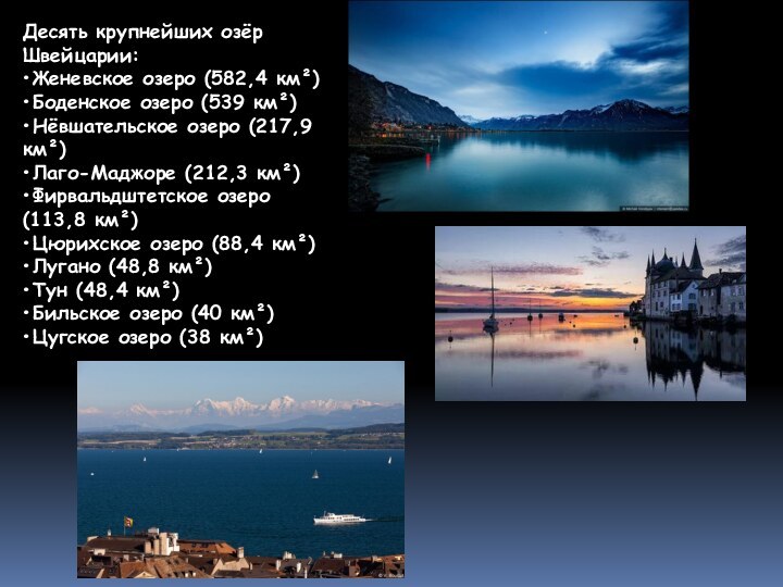 Десять крупнейших озёр Швейцарии:Женевское озеро (582,4 км²)Боденское озеро (539 км²)Нёвшательское озеро (217,9