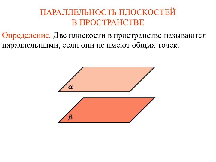 Определение. Две плоскости в пространстве называются параллельными, если они не имеют общих