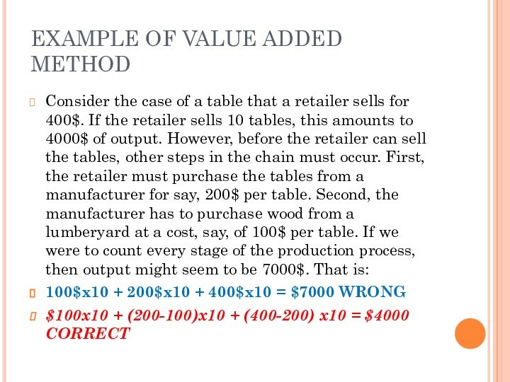 EXAMPLE OF VALUE ADDED METHODConsider the case of a table that a