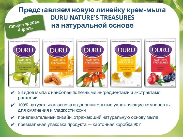 Представляем новую линейку крем-мыла DURU NATURE’S TREASURES  на натуральной основе5 видов