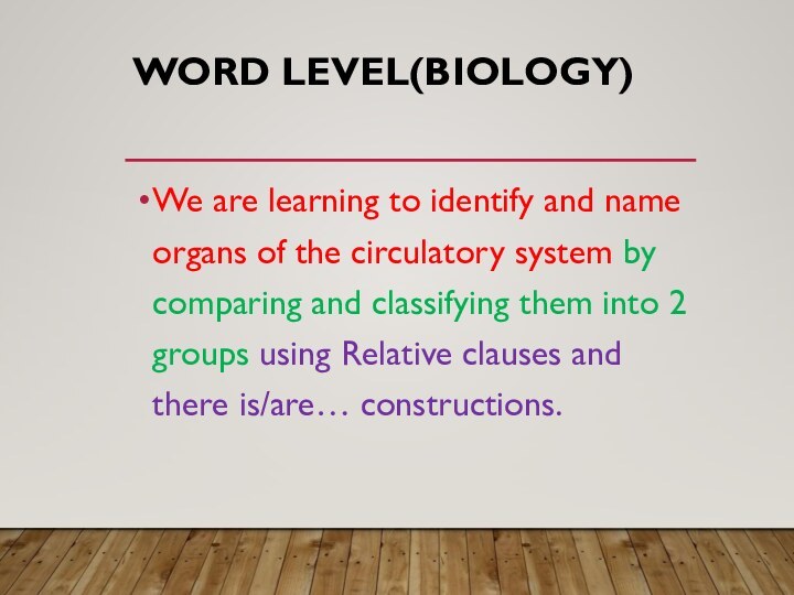 WORD LEVEL(BIOLOGY)We are learning to identify and name organs of the circulatory