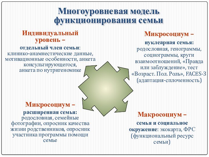 Многоуровневая модельфункционирования семьиМикросоциум –расширенная семья: родословная, семейные фотографии, опросник качества жизни родственников,