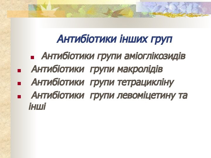 Антибіотики інших групАнтибіотики групи аміоглікозидів Антибіотики групи макролідів Антибіотики групи тетрацикліну Антибіотики групи левоміцетину та інші