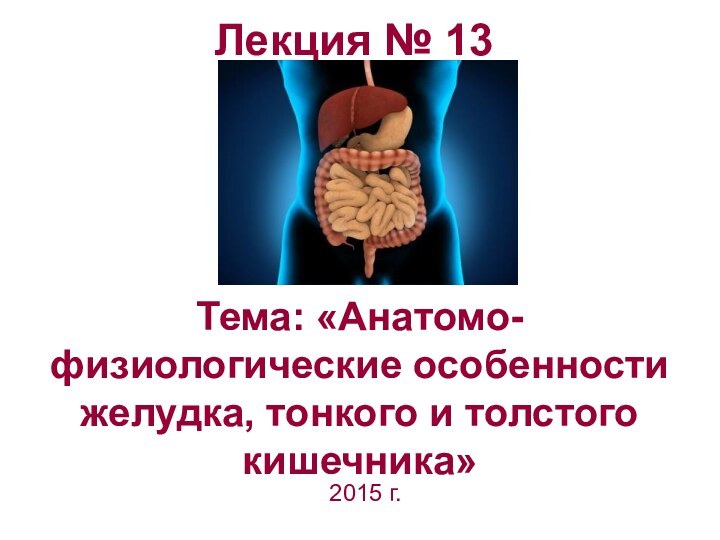 Лекция № 13 2015 г.Тема: «Анатомо-физиологические особенности желудка, тонкого и толстого кишечника»