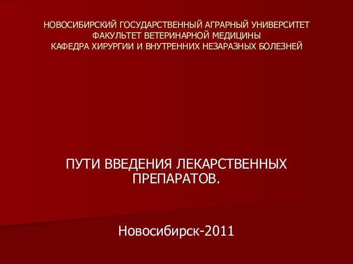 НОВОСИБИРСКИЙ ГОСУДАРСТВЕННЫЙ АГРАРНЫЙ УНИВЕРСИТЕТ ФАКУЛЬТЕТ ВЕТЕРИНАРНОЙ МЕДИЦИНЫ КАФЕДРА ХИРУРГИИ И ВНУТРЕННИХ НЕЗАРАЗНЫХ БОЛЕЗНЕЙПУТИ ВВЕДЕНИЯ ЛЕКАРСТВЕННЫХ ПРЕПАРАТОВ.Новосибирск-2011