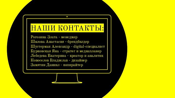 НАШИ КОНТАКТЫ:Рогозина Злата - менеджерШилова Анастасия - брендбилдерШустерман Александр - digital-специалистБурковская Яна