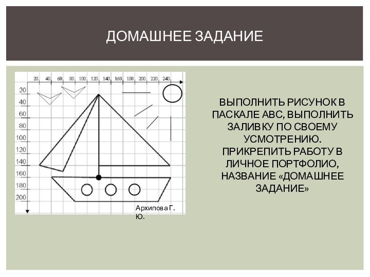 ДОМАШНЕЕ ЗАДАНИЕВЫПОЛНИТЬ РИСУНОК В ПАСКАЛЕ АВС, ВЫПОЛНИТЬ ЗАЛИВКУ ПО СВОЕМУ УСМОТРЕНИЮ.ПРИКРЕПИТЬ РАБОТУ