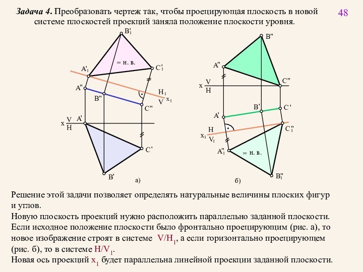 48VHxHVxHVа)б)Задача 4. Преобразовать чертеж так, чтобы проецирующая плоскость в новой 	системе плоскостей