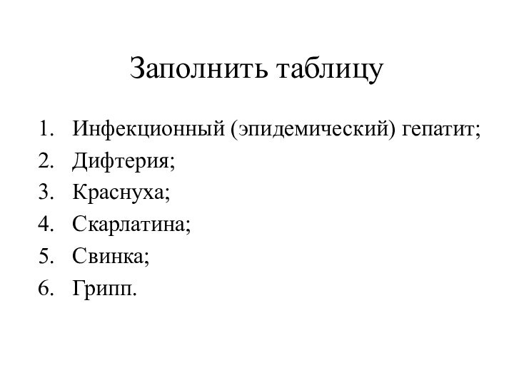 Заполнить таблицуИнфекционный (эпидемический) гепатит;Дифтерия;Краснуха;Скарлатина;Свинка;Грипп.