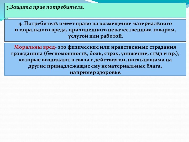 3.Защита прав потребителя. 4. Потребитель имеет право на возмещение материального и морального