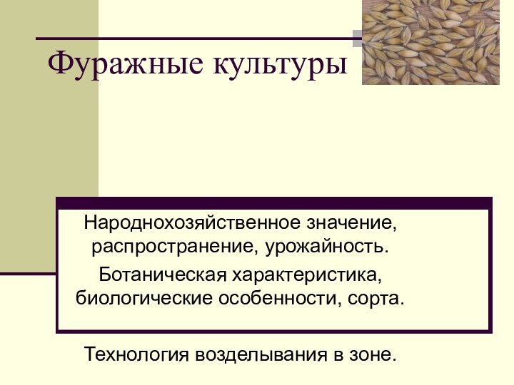 Фуражные культурыНароднохозяйственное значение, распространение, урожайность.Ботаническая характеристика, биологические особенности, сорта.Технология возделывания в зоне.