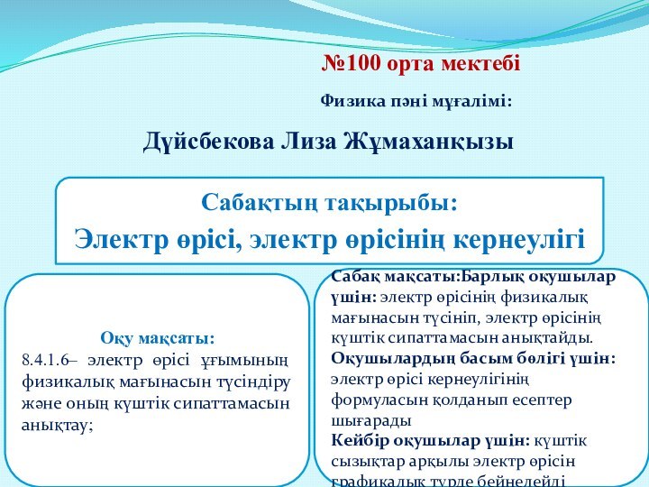 №100 орта мектебіФизика пәні мұғалімі:Дүйсбекова Лиза ЖұмаханқызыСабақтың тақырыбы:Электр өрісі, электр өрісінің кернеулігіОқу