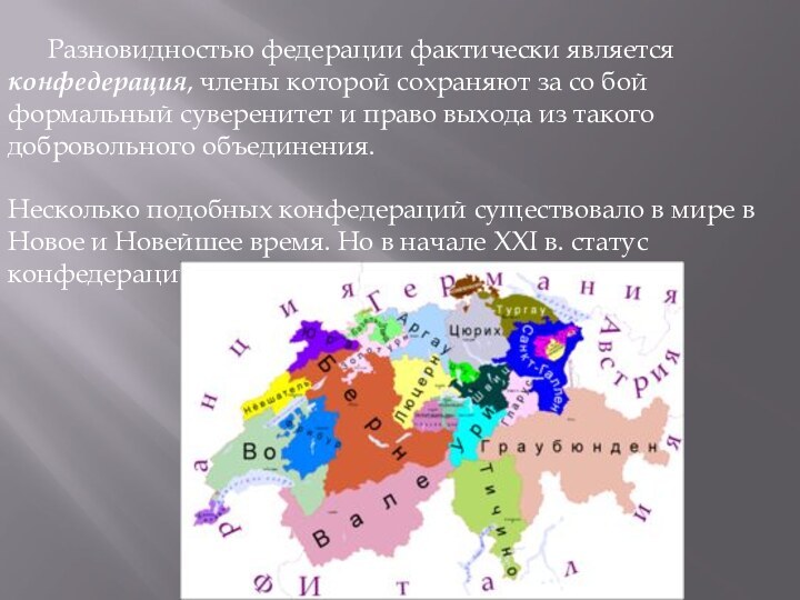 Разновидностью федерации фактически является конфедерация, члены которой сохраняют за со бой формальный