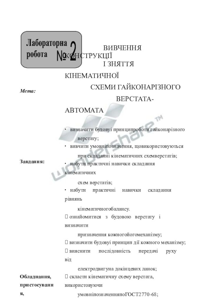 Мета:Завдання:Обладнання,пристосування,наочнеприладдя:			ВИВЧЕННЯ КОНСТРУКЦІЇ			І ЗНЯТТЯ КІНЕМАТИЧНОЇ		СХЕМИ ГАЙКОНАРІЗНОГО				ВЕРСТАТА-АВТОМАТА∙  визначити будовуі принципроботи гайконарізного	верстату;∙  вивчити