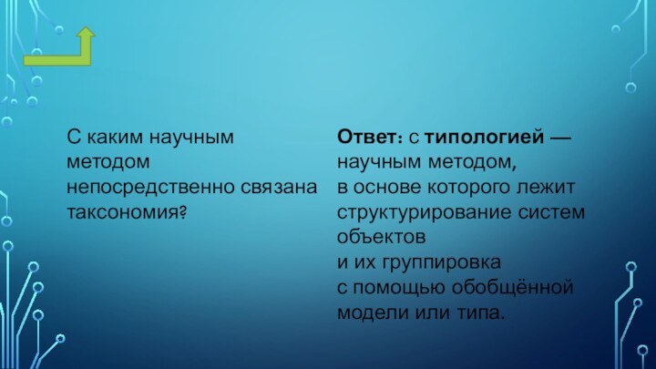 С каким научным методом непосредственно связана таксономия?Ответ: с типологией — научным методом, в основе которого