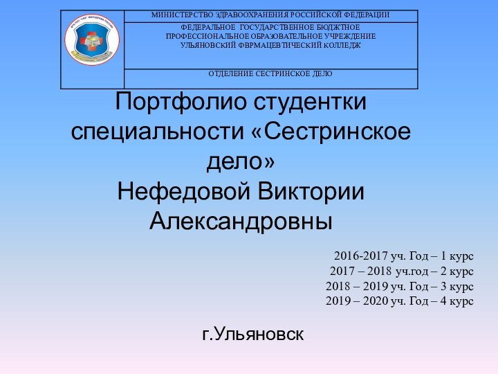 Портфолио студентки специальности «Сестринское дело»  Нефедовой Виктории Александровныг.Ульяновск2016-2017 уч. Год –