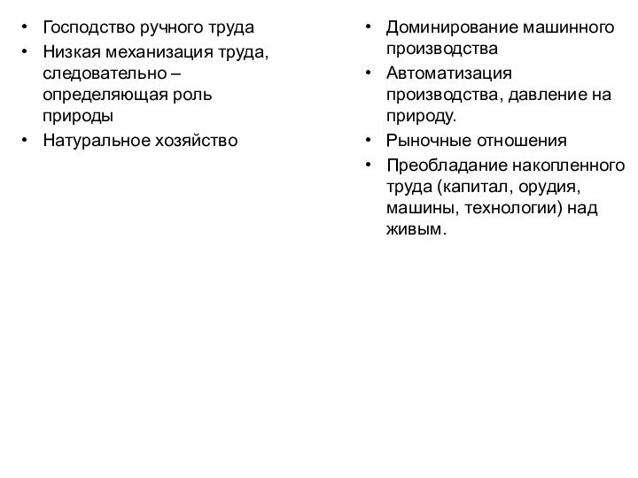 Господство ручного трудаНизкая механизация труда, следовательно – определяющая роль природыНатуральное хозяйствоДоминирование машинного