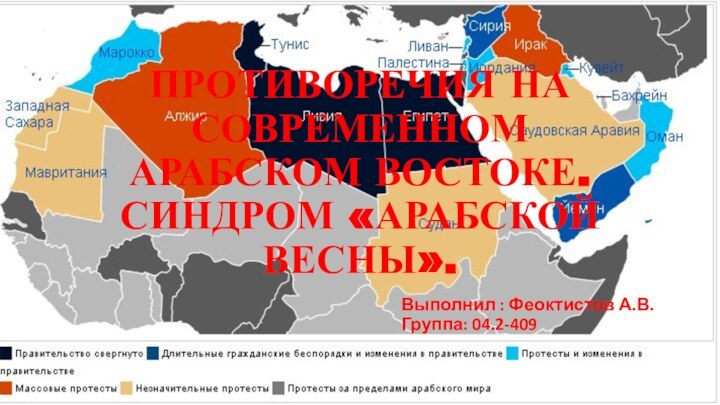 ПРОТИВОРЕЧИЯ НА СОВРЕМЕННОМ АРАБСКОМ ВОСТОКЕ.  СИНДРОМ «АРАБСКОЙ ВЕСНЫ».Выполнил : Феоктистов А.В. Группа: 04.2-409