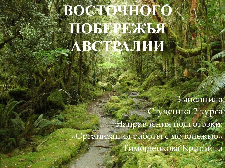 ДОЖДЕВЫЕ ЛЕСА ВОСТОЧНОГО ПОБЕРЕЖЬЯ АВСТРАЛИИВыполнила Студентка 2 курсаНаправления подготовки:«Организация работы с молодежью»Тимошенкова Кристина