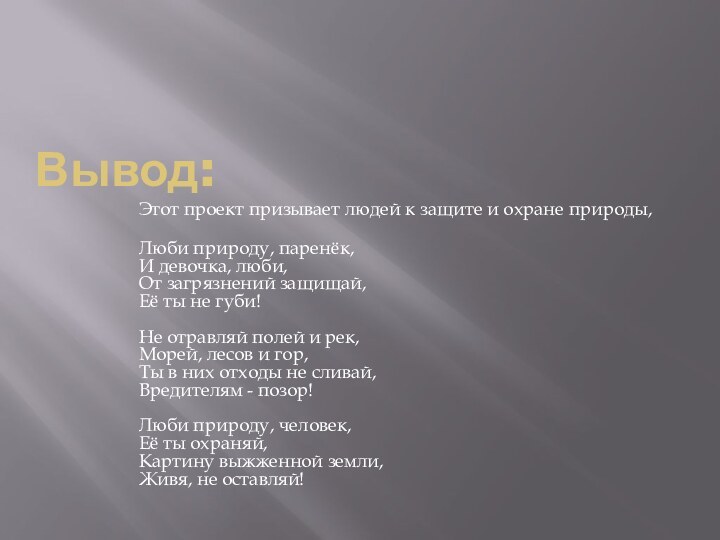 Вывод:Этот проект призывает людей к защите и охране природы, Люби природу, паренёк,