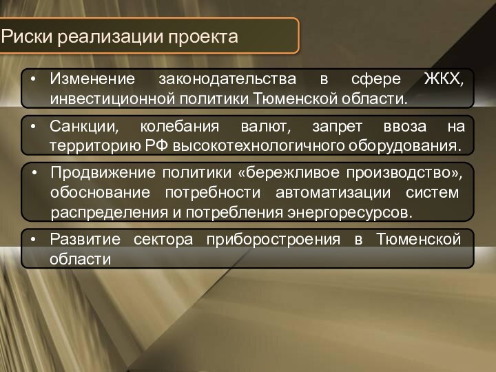 Риски реализации проектаИзменение законодательства в сфере ЖКХ, инвестиционной политики Тюменской области.Санкции, колебания