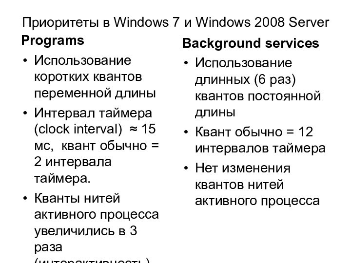 ProgramsИспользование коротких квантов переменной длиныИнтервал таймера (clock interval) ≈ 15 мс, квант