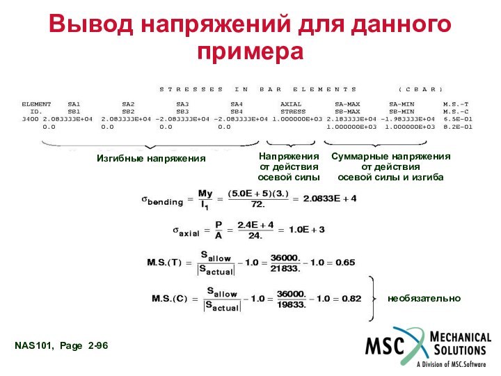 Вывод напряжений для данного примера Изгибные напряженияНапряжения от действия осевой силыСуммарные напряжения