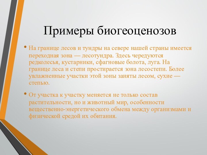 Примеры биогеоценозов На границе лесов и тундры на севере нашей страны имеется