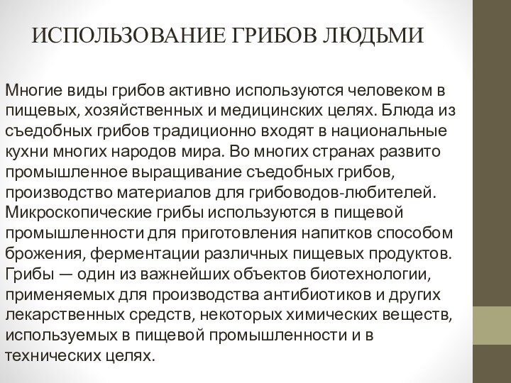 ИСПОЛЬЗОВАНИЕ ГРИБОВ ЛЮДЬМИ Многие виды грибов активно используются человеком в пищевых, хозяйственных