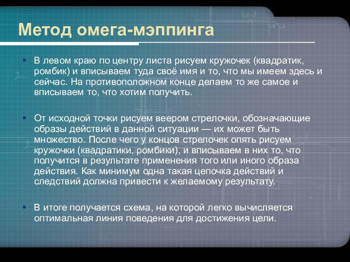 Метод омега-мэппинга В левом краю по центру листа рисуем кружочек (квадратик, ромбик)