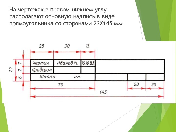 На чертежах в правом нижнем углу располагают основную надпись в виде прямоугольника со сторонами 22X145 мм.