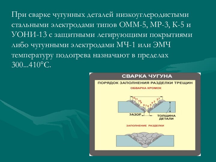 При сварке чугунных деталей низкоуглеродистыми стальными электродами типов ОММ-5, МР-3, К-5 и