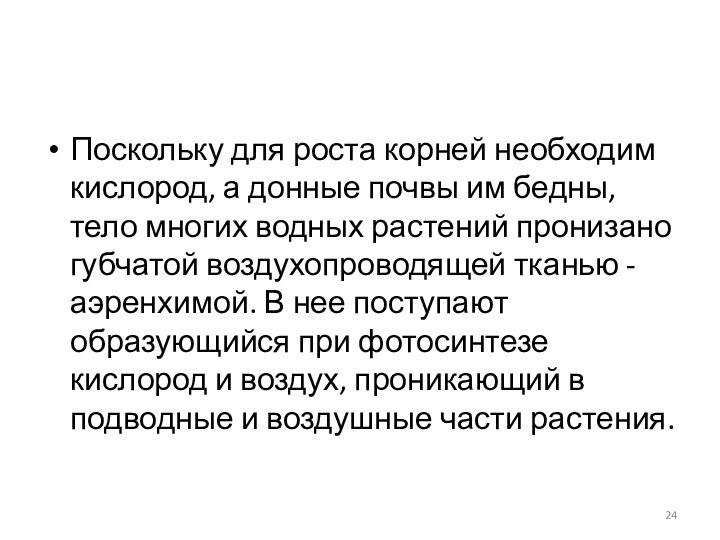 Поскольку для роста корней необходим кислород, а донные почвы им бедны, тело