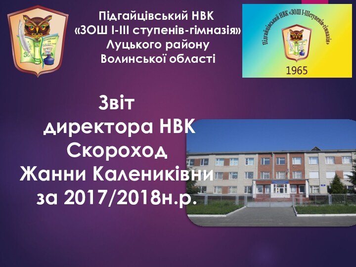 Підгайцівський НВК  «ЗОШ І-ІІІ ступенів-гімназія»  Луцького району  Волинської областіЗвіт директора НВКСкороходЖанни Калениківниза 2017/2018н.р.