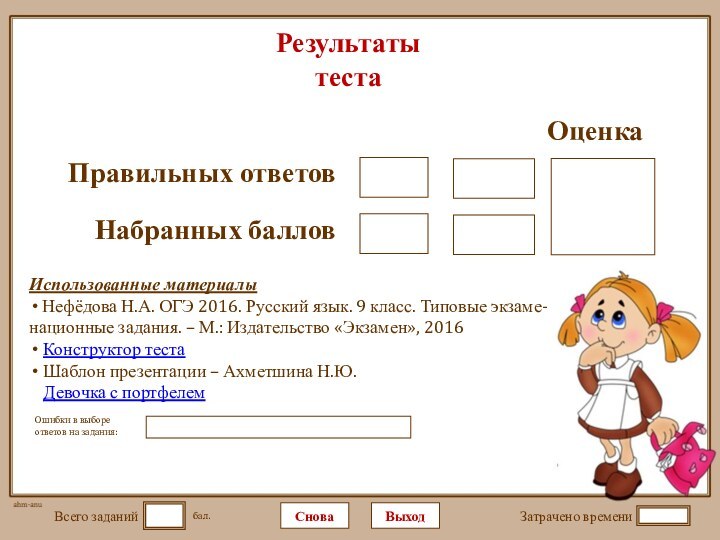 Затрачено времениВыходСнова бал.Всего заданийОшибки в выборе ответов на задания:ОценкаРезультаты тестаИспользованные материалы Нефёдова