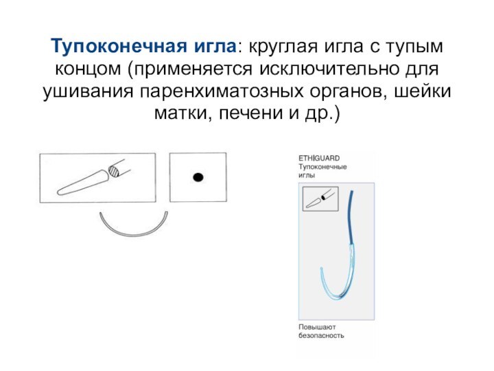 Тупоконечная игла: круглая игла с тупым концом (применяется исключительно для ушивания паренхиматозных