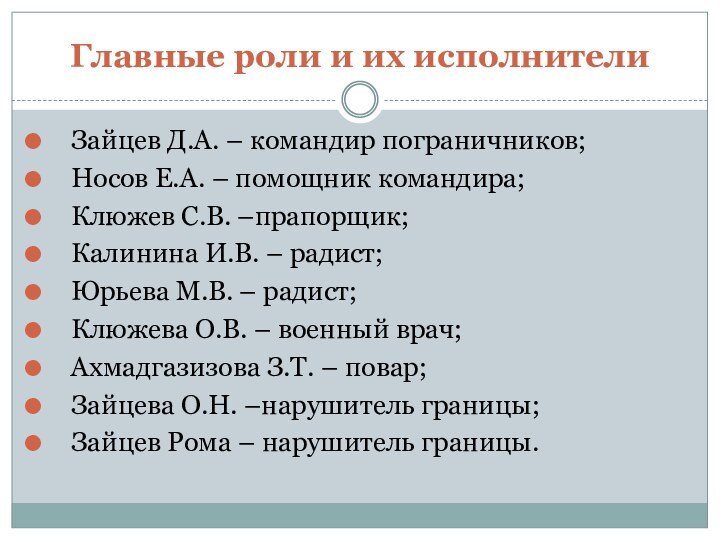 Главные роли и их исполнителиЗайцев Д.А. – командир пограничников;Носов Е.А. – помощник