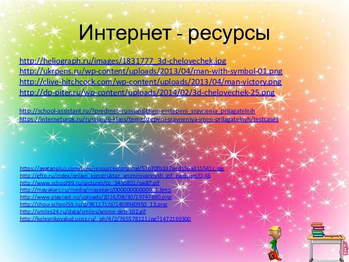 Интернет - ресурсыhttps://avatanplus.com/files/resources/original/57b70fb337aed156a315541c.jpghttp://gfto.ru/index/onlajn_konstruktor_animirovannykh_gif_nadpisej/0-46http://www.school99.ru/pictures/to_3495851/sw87.gif http://mayakarc.ru/media/mayakarc/000000000009_1.bmphttp://www.playcast.ru/uploads/2016/08/30/19747880.pnghttp://chou-school59.ru/d/961171/d/1408960950_13.pnghttp://smiles24.ru/data/smiles/anime-deti-102.gifhttp://kolesnikovalud.ucoz.ru/_ph/4/2/765578121.jpg?1472169300http://heliograph.ru/images/1831777_3d-chelovechek.jpghttp://ukrpens.ru/wp-content/uploads/2013/04/man-with-symbol-01.pnghttp://clive-hitchcock.com/wp-content/uploads/2013/04/man-victory.pnghttp://dp-piter.ru/wp-content/uploads/2014/02/3d-chelovechek-25.pnghttp://school-assistant.ru/?predmet=russian&theme=stepeni_sravnenia_prilagatelnihhttps://interneturok.ru/russian/6-klass/tema/stepeni-sravneniya-imen-prilagatelnyh/testcases
