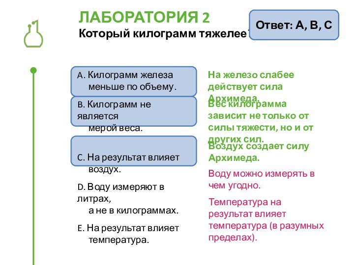 ЛАБОРАТОРИЯ 2 Который килограмм тяжелее?A. Килограмм железа     меньше