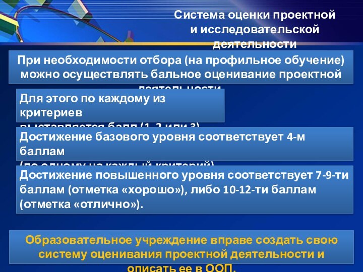 При необходимости отбора (на профильное обучение) можно осуществлять бальное оценивание проектной деятельности.Для