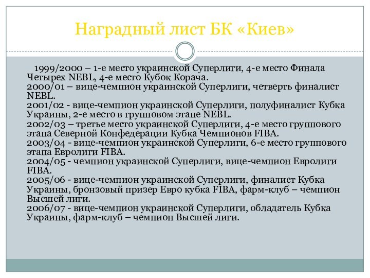 Наградный лист БК «Киев»	1999/2000 – 1-е место украинской Суперлиги, 4-е место Финала