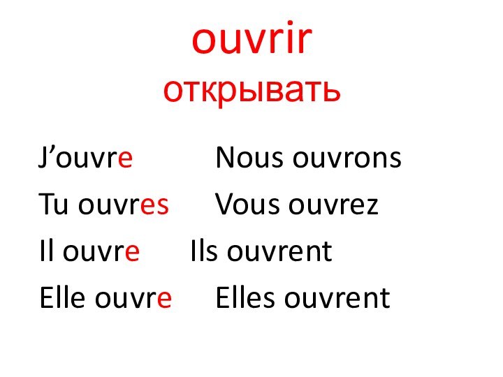 ouvrir открыватьJ’ouvre	    	Nous ouvronsTu ouvres		Vous ouvrezIl ouvre		Ils ouvrentElle ouvre		Elles ouvrent